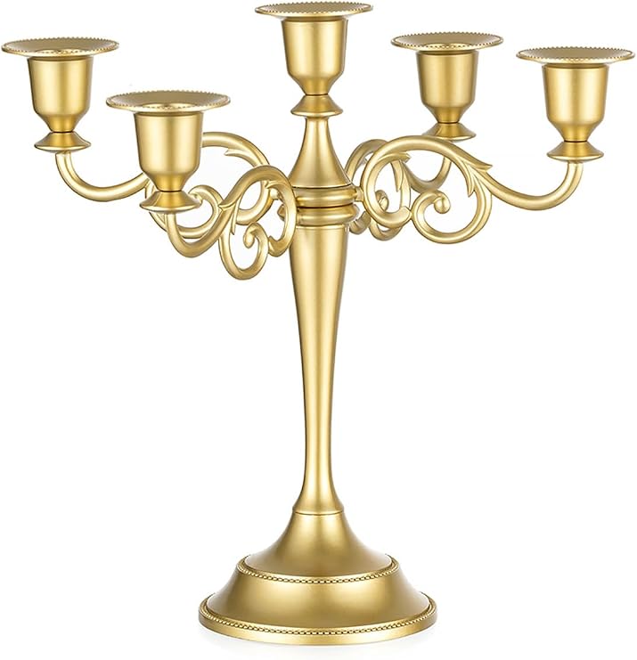 Sziqiqi Gold Candelabra Table Centerpieces: 5 Arm Candelabra Candle Holder | Zinc Alloy, Matte Gold Candlestick Holder, for 0.87in Taper Candle, 10.2in Tall, for Wedding, Christmas, Dining Table Decor