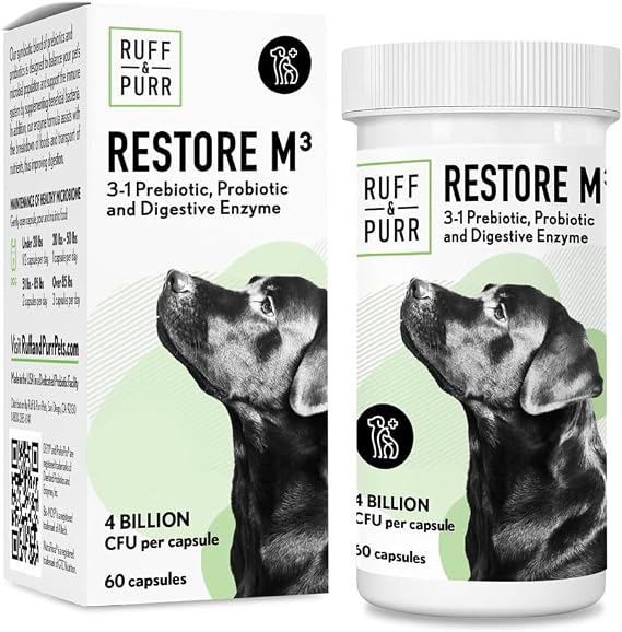 Ruff & Purr Probiotics for Dogs 4 Billion CFU 3-in-1 for Gut Health-60 Caps | Prebiotics and Digestive enzymes for Immunity, Skin & Coat Health - DE111 & PreforPro - USA Made, Non-GMO, Vet Approved