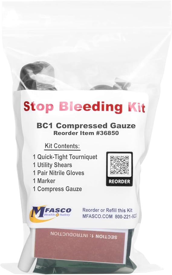 MFASCO Stop The Bleed Pack with Compressed Gauze - Compact & Lightweight - Includes a Tourniquet, Black Nitrile Gloves & Essential Contents for Quick Emergency Bleeding Control