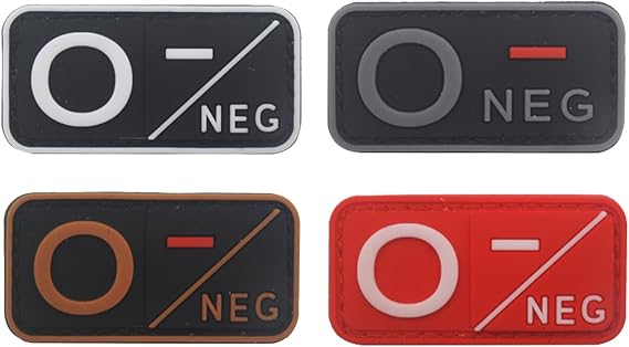Blood Type Patch Kit O Neg, Tactical Type O Negative 3D PVC Rubber Fastener Patches, 1.97 X 0.98 Inch Sized, Bundle 4 Pieces