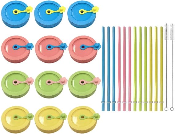 Regular Mouth Plastic Mason Jar Lids 26 Pack With Straw Hole Caps