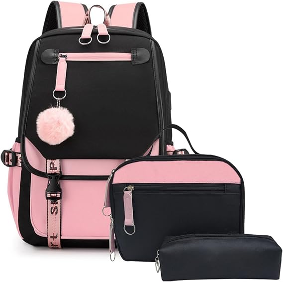 ZHANAO School Backpack for Girls Color-block School Bag with Lunch Box Pencil Case Set 3PCS Girls Backpack for School Kids Bookbag with USB Charging Port, Black+Pink, Modern