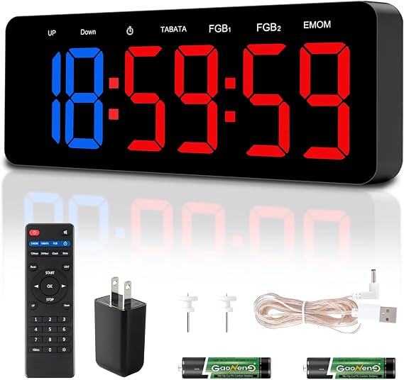 Multi-Mode Fitness Timer with Remote Control 2-in-1 Digital Clock & Gym Timer for Tabata, EMOM, Countdown, Stopwatch, FGB Customizable Workout Cycles with 10 Presets & 3 Mounting Options