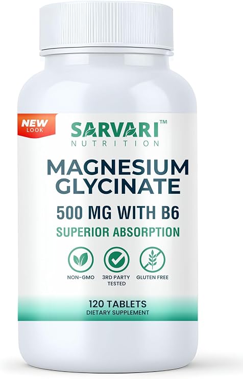 Magnesium Glycinate Supplement 500mg |120 Vegetarian Tablets, Added Vitamin B6 for Enhanced Absorption | Made in USA, 3rd Party Tested, Non-GMO & Gluten Free.