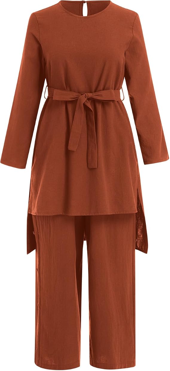 IDOPIP Women's Muslim Abaya Dress 2 Pieces Set Long Sleeve Button Down Shirt and Pants Casual Arabic Islamic Dubai Outfits