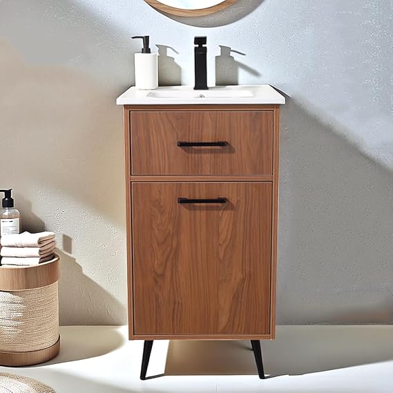 18 Inch Small Bathroom Vanity with Sink, Narrow Compact Bathroom Cabinet Sink Combo for Small Spaces, Brown Wood Grain Vanity with Soft Closed Drawer