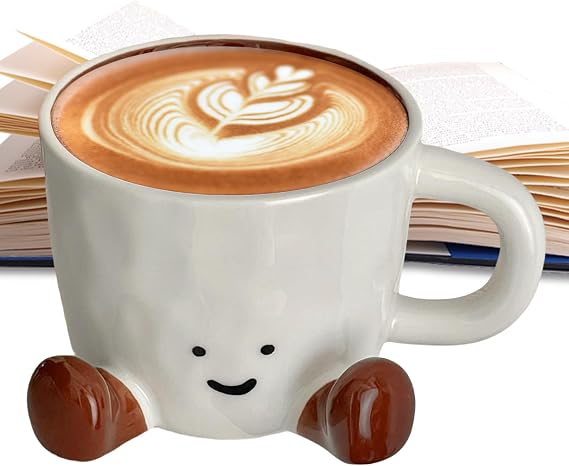 Cute Coffee Mug, Novelty Ceramic Coffee Mug with Feet, Hand Kneaded Cute Expression Tea Cup, Aesthetic Tableware Decoration, Also Used for Flower Pot, Pen Holder(Brown)