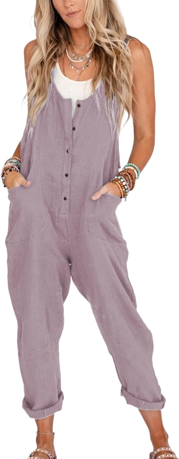 Yeokou Womens Overalls Linen Cotton Jumpsuits Loose Casual Jumpers with Pockets