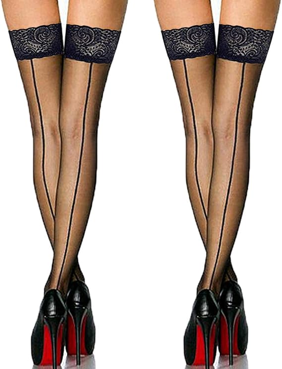 Vintage Nylon Lace Top Thigh High Stockings with Back Seam for Women Suspender Garter Belts-2 Pack