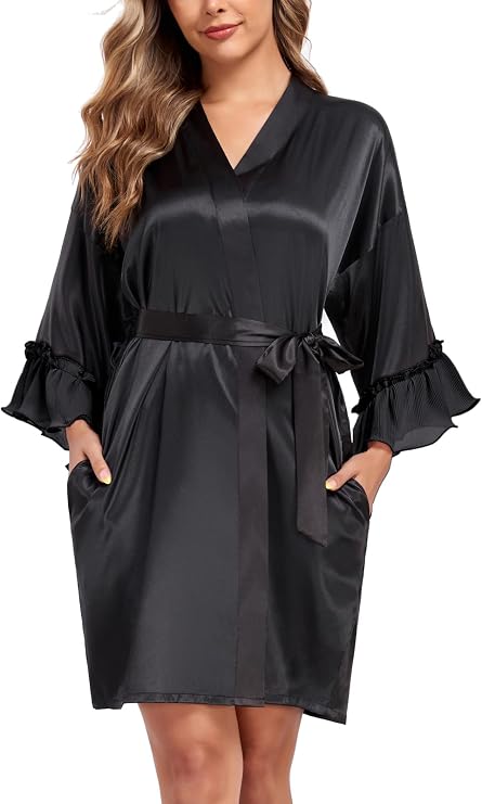Women's Short Satin Robes Lightweight Kimono Bathrobe Bridal Wedding Party