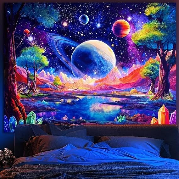 Simpkeely Blacklight Galaxy Planet Tapestry – UV Reactive Space Landscape Mountains Crystals Stars Wall Hanging, Glow in the Dark Cosmic Nature Tapestry for Bedroom & Living Room Decor – 130 x 150 cm