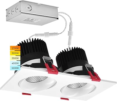 LUXRITE Double Head Adjustable LED Recessed Lights, 24W, 5 Color Selectable 2700K - 5000K, 1400 Lumens, Multiple Gimbal Downlight, Dimmable, 40 Spotlight, Wet Rated, IC Rated, ETL Listed