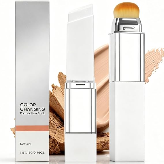 Color Changing Foundation Stick with Brush, 2-in-1 Full Coverage Concealer & Foundation, Lightweight Natural Makeup, Waterproof & Long-Lasting, Skin-Friendly