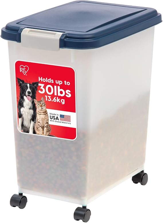 IRIS USA Dog Food Storage Container, Up to 30 lbs, Navy/Pearl, Made in USA | Wheels for Mobility, Airtight Seal, BPA-Free, Best for Bird Seed, Cat food, Cat Litter, Chicken Feed, Pellets