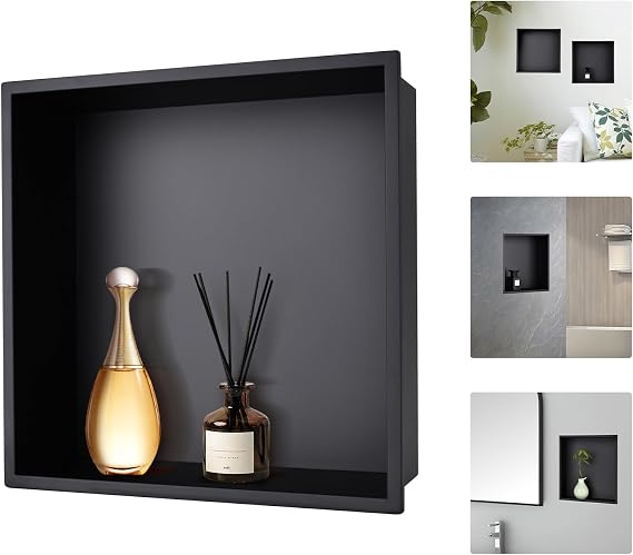 Beelee Black Shower Niche 12x12 Inch Stainless Steel Wall-Inserted for Bath