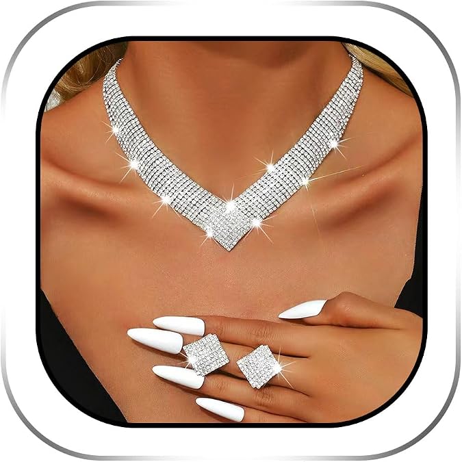 JEAIRTS Rhinestone Choker Jewelry Set Silver V-Shaped Crystal Collar Necklace Earrings Sets for Women