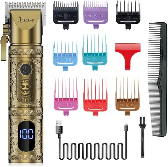 Hatteker Professional Hair Clipper for Men, Cordless Rechargeable Hair Trimmer Eletric Beard Shaver Barber Gromming Kit LED Display (Gold)