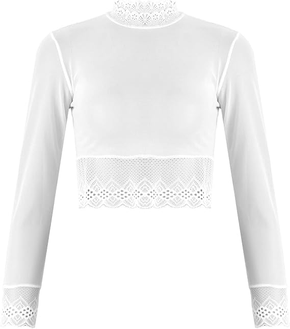 Moily Women's Long Sleeve Mesh Crop Top See Through Lace Trim T-Shirt Sheer Blouse Stretchy Tees