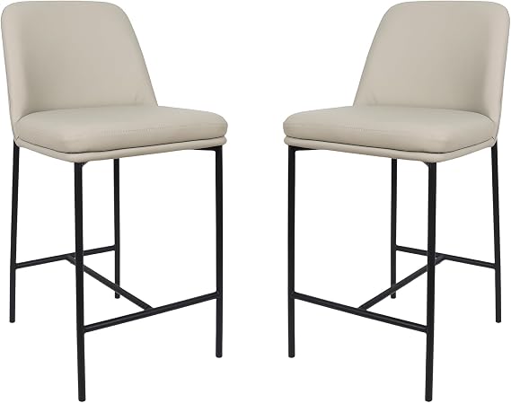 Manhattan Comfort Loft Set of 2 Counter Height Stools for Kitchen and Dining Room, Upholstered in Vegan Leather, Island Chairs with Metal Frame, Curved Backrest, Home Assembly Furniture, Stone Gray