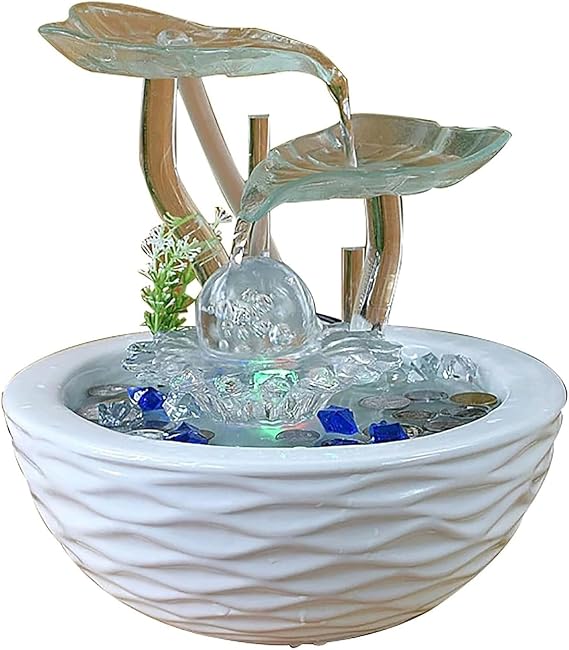 Indoor Small Tabletop Fountain,Tabletop Glass Water Fountain with Light and Crystal Ball Zen Water Feature for Home,Office,Meditation