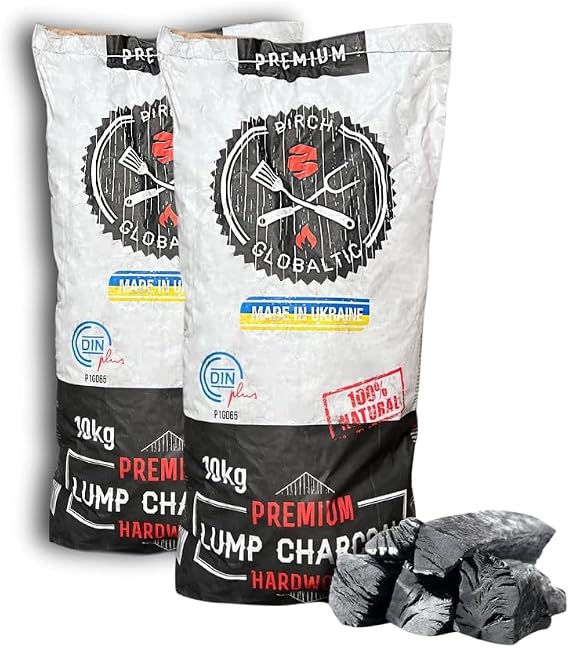 10kg Birch Lumpwood Charcoal by Globaltic - Restaurant-Grade Charcoal for BBQ, Smoking & Grilling - High Heat, Low Ash for BBQ's, Smokers