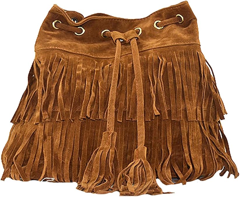 CLARA Women Faux Suede Tassel Fringe Bucket Bag Hippie Shoulder Bag Crossbody Bag