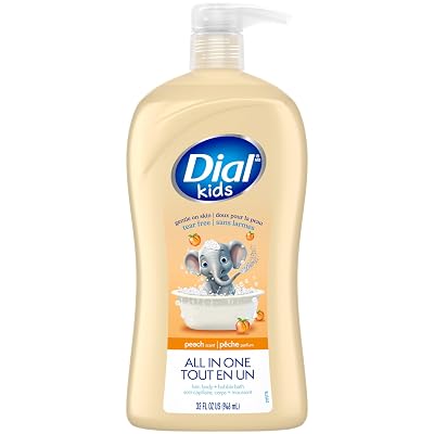 Dial Kids All-in-1 Body  Hair  Bubble Bath, Peach Scent, 32 Fl Oz, Hypoallergenic Body Wash & Shampoo, No Tears Formula for Kids 2 Years, No Parabens & Silicones