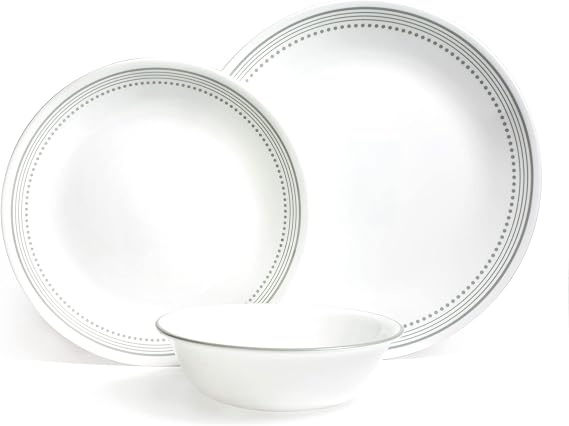 Corelle Dinnerware Set (12pc Set, Mystic Grey)-Dinner Set for 4 Includes 4 x Dinner Plates, Side Plates & Bowls 3 X More Durable, Half The Space & Weight of Ceramic up to 80% Recycled Glass, 1146820