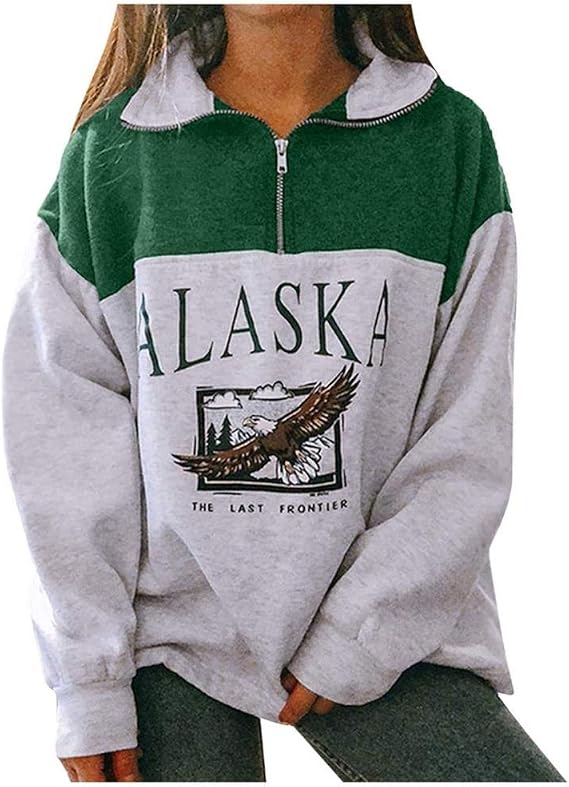 Womens Alaska The Last Frontier Sweatshirt Long Sleeve Tee Eagle Print Colorblock Zip Up Oversized Pullover