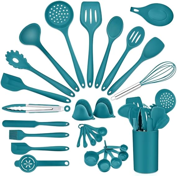 P&P CHEF Kitchen Utensils Silicone Cooking Utensil Set, 28Pcs Baking Utensils Spatulas with Holder, Heat-resistant & Non Toxic, Non-stick & Dishwasher Safe, Blue