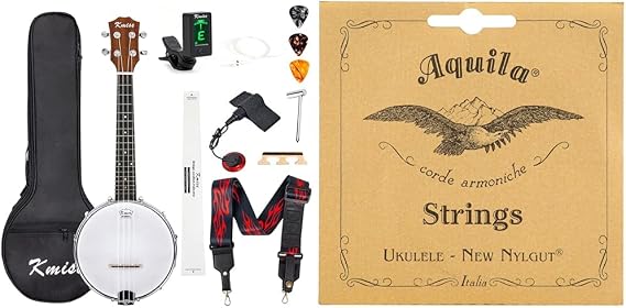Kmise 4 Banjolele Ukulele Concert Size 23 Inch Bundle with Aquila New Nylgut AQ-42 Banjo Ukulele Strings