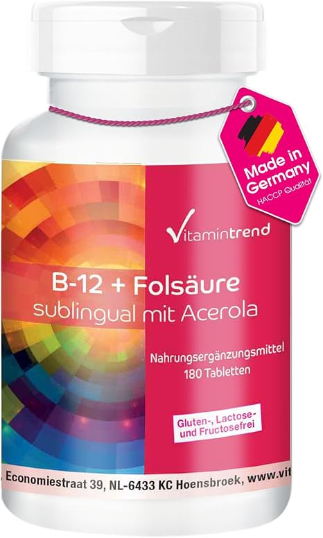 Vitamintrend Vitamin B-12 + Folic Acid Sublingual with Acerola 180 Tablets High Dose with 500 μg Vitamin B12 Dietary Supplement Vegan without Magnesium Stearate Made in Germany