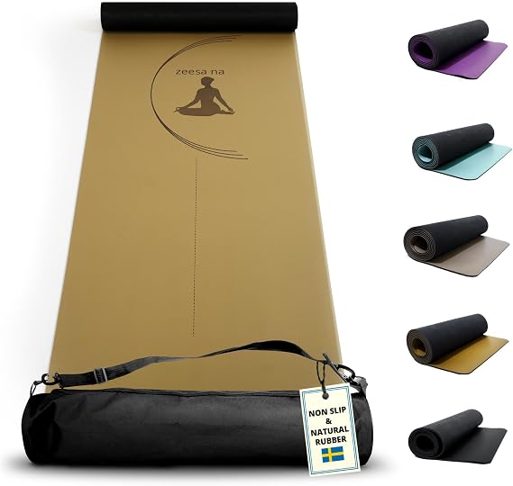 Zeesa Na Premium Natural Rubber Yoga Mat with Bag, Hot Yoga Mat Non Slip Grip, 4 mm Thin with Exceptional Cushioning due to Durable 2-Layer Design, Stretching and Home Workout, L 72 x W 24