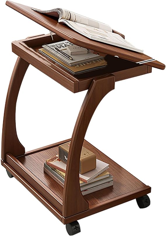 Side Table with Wheels End Table Tiltable Surface for Tablets, Solid Wood Under Sofa Table for Couch and Bed(Brown)