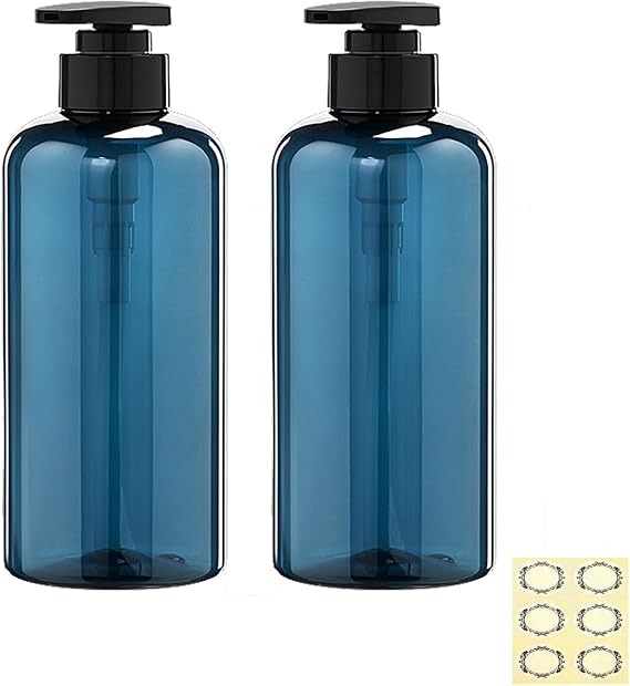 2Pcs 500ml/17oz Empty Plastic Pump Bottles Dispenser - Refillable Cylinder Shampoo Lotion Hand Pump Bottle Toiletries Liquid Pump Dispenser Shower Gel Storage Container for Bathroom (Blue)