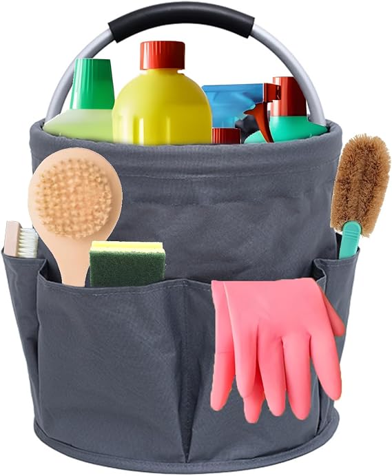 Grey Foldable Storage Basket Organiser - 17L Cleaning Bucket Caddy with Handle, Multi-Pocket Large Capacity Cleaning Caddy Bag for Home, Garden
