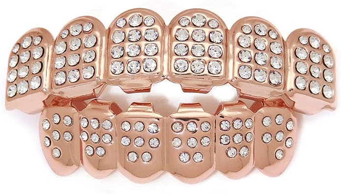 OOCC 18k Gold Plated Iced Out Grills with Diamond Hip Hop Teeth Grillz Caps Top and Bottom Set for Your Teeth