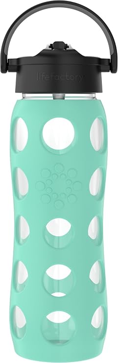Lifefactory 22oz Glass Water Bottle with Straw Cap, Sea Green | Protective Silicone Sleeve, Straw Cap, Carry Handle, BPA Free, Reusable, Dishwasher Safe