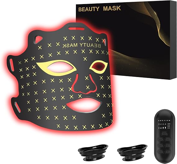 Red Light Therapy Face Mask, Black, Portable, 7 Color Mode | Led Face Mask, Rechargeable Remote, 850nm NIR, Home Use Skin Care Device