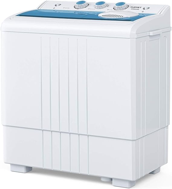 Compact Twin Tub Portable Mini Washing Machine 21lbs Capacity, Washer(14.4lbs)&Spiner(6.6lbs)/Built-in Drain Pump/Semi-Automatic, White&Blue