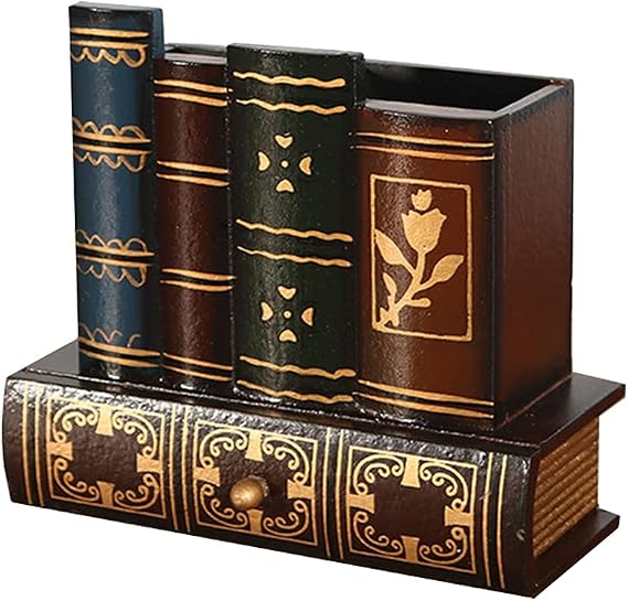 NUOBESTY Retro Pen Cup Holder Book Style Wooden Pencil Organizer Desktop Remote Pen Compartment Stand Home School Office Faux Book Pencil Caddy