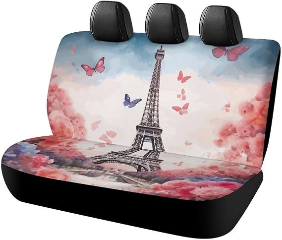 Car Rear Bench Seat Cover Eiffel Tower Flower Butterfly Car Seat Cover Back Seat for Car Backseat Cover Protector Universal Fit Most Car Truck Vans SUVs Sedan 2 Pcs