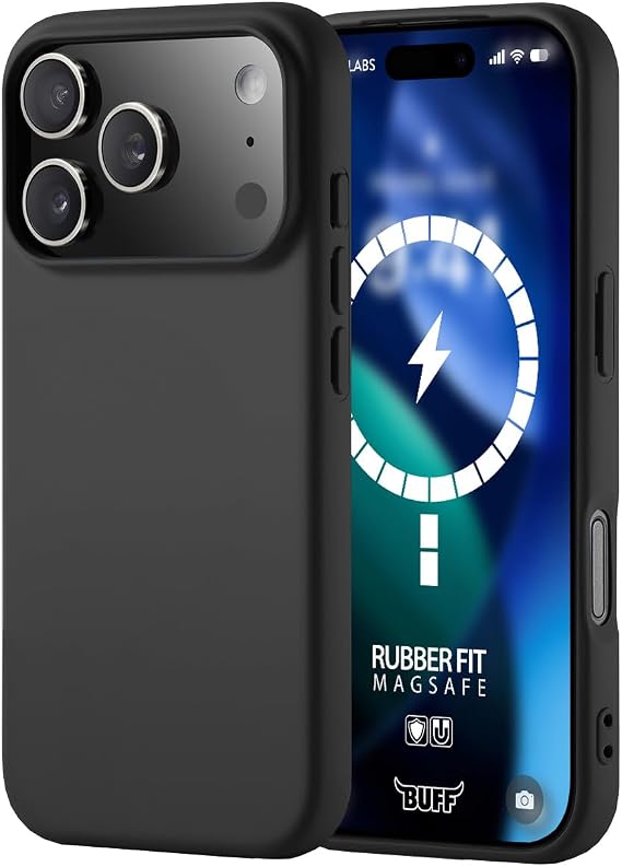 Rubber Fit Silicone Case Compatible with BUFF LABS iPhone 17 Pro Max, Soft, Wireless Charging, Full Protection (Black)