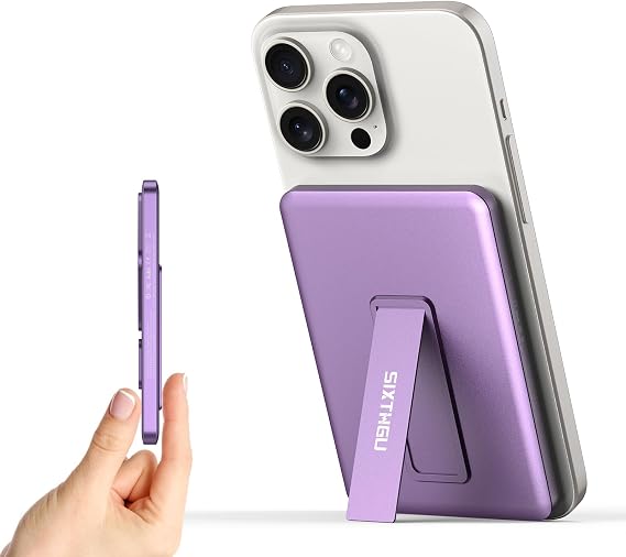 SIXTHGU Magnetic Slim Portable Charger with Stand, PowerMag Q1, [Alloy-Made] Wireless Power Bank (5K-Purple with Stand)