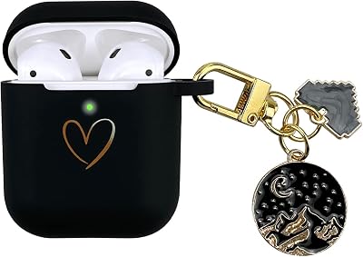 Compatible with AirPods Case Cover, Soft Silicone Case with Gold Heart Pattern for AirPods 2&1 Generation Case with Vintage Starry Mountains Keychain for Girls Women Black