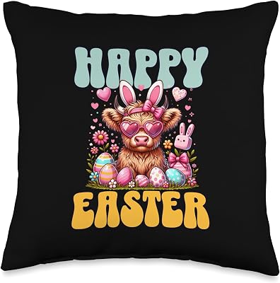 Cute Highland Cow, Happy Easter Bunny, Spring Animal Lovers Throw Pillow