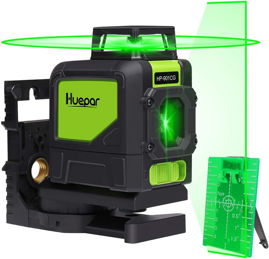 Huepar 901CG 360 Laser Level Green Switchable Cross Line Self Leveling with Pulse Mode, 1X 360 Degree Horizontal Line  130 Degree Vertical Large Fan Angle, with Magnetic Rotary Base & Targe Card
