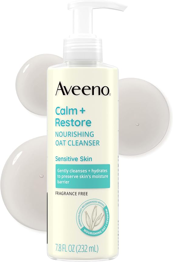 Aveeno Calm and Restore Nourishing Oat Cleanser - 7.8 fl oz | Daily Hydrating Facial Cleanser, Sensitive Skin, Nourishing Oat & Feverfew, Hypoallergenic, Non-Comedogenic, Fragrance-Free