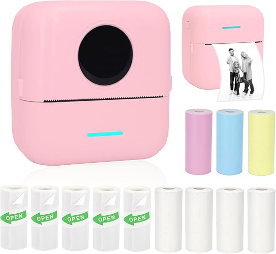 Mini Portable Printer, Inkless Sticker Printer with 12 Rolls Paper, Thermal for Notes/Photos/Stickers/Labels/Receipts, Compatible with iPhone, Android Phone & Tablet, Pink