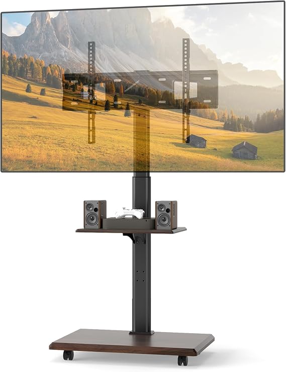 Rolling TV Stand on Wheels, Mobile TV Cart for 32"-75" TVs, Portable AV Cart with 30 Tilt Mount, Adjustable Shelf & Cable Management for Living Room Bedroom Home Office (Black & Walnut)
